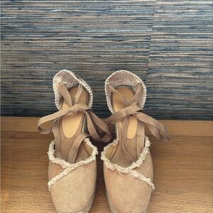 Castaner Beige Canvas Espadrille Ankle Wrap Wedges